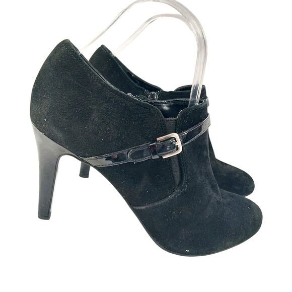 NINE WEST! METRA BLACK GENUINE SUEDE LEATHER, PATENT STRAP/HEEL BOOTIES! SZ 7.5M - Picture 1 of 10